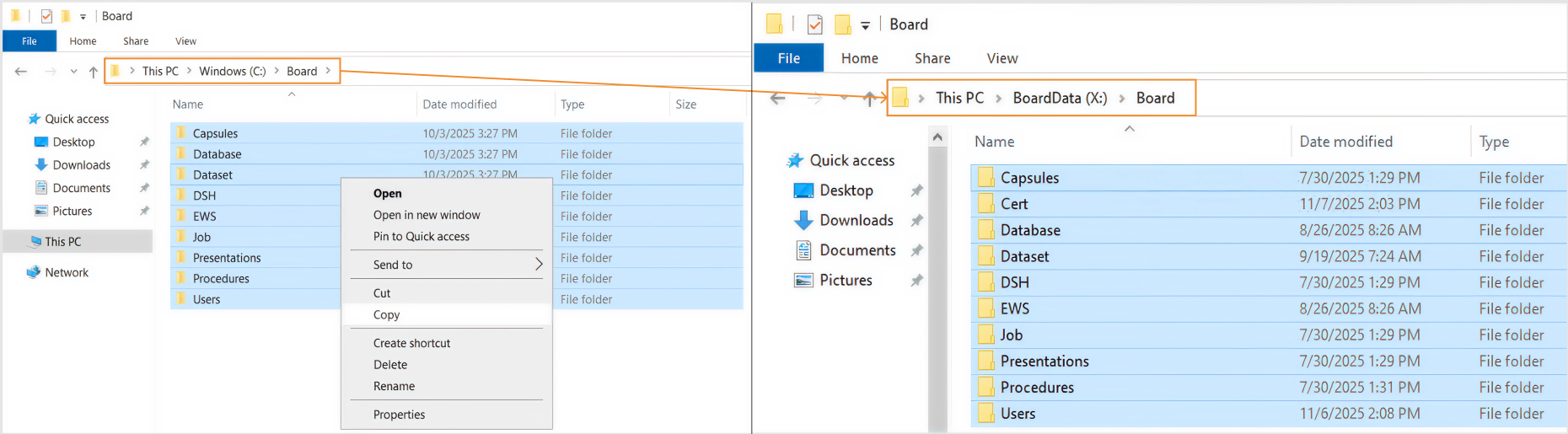File explorer showing folders in Windows with highlighted navigation paths and options.
